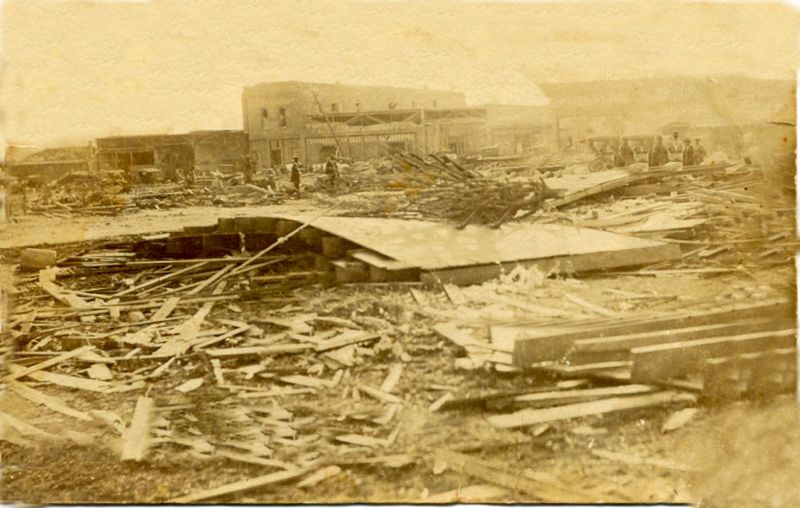 Sepia photo of tornado damage in porter building destroyed