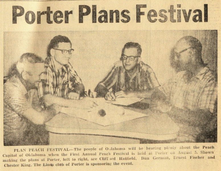 Newspaper clipping with people sitting down planning Porter's first peach festival