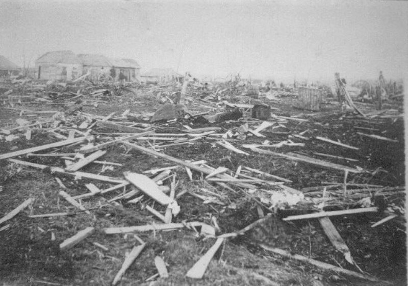 building destroyed, black and white photo of damage to Porter from a tornado
